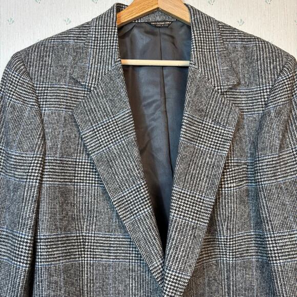 Dillards Bill Blass Camel Hair Glen Plaid Mens Sport Coat size 44R Gray Luxury - Picture 2 of 9
